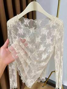 女士透视蕾丝圆领打底衫，新款轻薄透视长袖网纱上衣，休闲春季款 - 杏色 - 查看 1