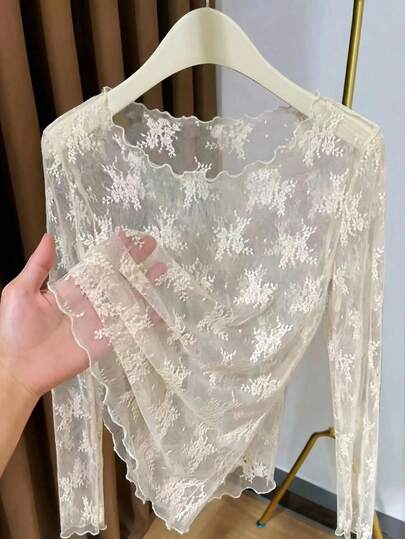 Sheer Lace Crew Neck Undershirt For Women, New Lightweight See-Through Long Sleeve Mesh Blouse Casual Spring