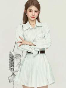 长袖条纹衬衫裙，优雅女装，春夏款 - 薄荷綠 - 查看 3