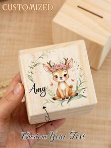 Custom Wooden Money Box Featuring An Adorable Rabbit Design, Personalized With A Name, Perfect For Collecting Coins. A Great Gift Idea For Birthdays. - Multicolor - View 4