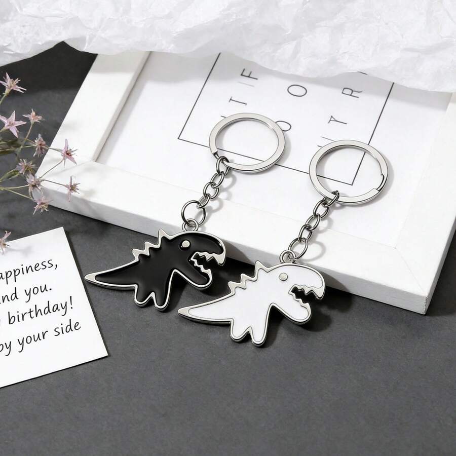 2pcs/Set New Cartoon Metal Tyrannosaurus Rex Couple Keychain, Alloy Black & White Dinosaur Car Key Chain Pendant Accessory - Multicolor - View 1