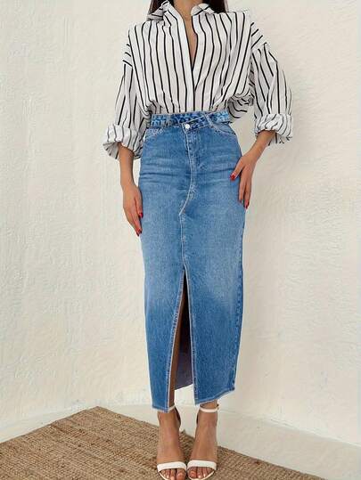 Falda vaquera lavada con abertura y cintura alta para mujer, estilo informal, elegante, larga, midi, para uso diario