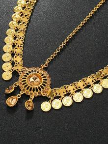 1 pieza Cadena para el cabello de mujer con flor de cristal de imitación, moneda árabe y borla dorada, adecuada para fiestas, reuniones y vestimenta de novia y boda - Dorado - Ver 7