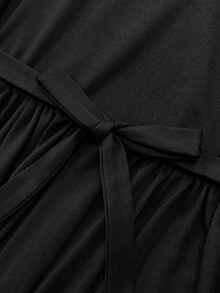 女士纯色高领长袖连衣裙，系腰带，飘逸显瘦复古风，百搭办公连衣裙 - 黑色 - 查看 9