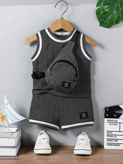 Bhchntiy 3pcs/Set Baby Boy Summer New Rib Collar Textured Fabric Solid Color Top, Shorts And Diagonal Shoulder Bag Casual Fashion Outfit