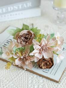 1件/3件装仿真6头牡丹丝花花束，新娘捧花材料，适用于家居、餐厅、花瓶装饰、婚礼装饰、背景幕布、婚车装饰（含DIY花环材料）、门廊装饰、花艺材料、情人节礼物、秋季装饰 - 咖啡色 - 查看 5