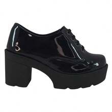Women's Oxford Loafer With Platform, Medium Heel, Comfortable, And Lug Sole. - Black Patent Leather Heel - View 2