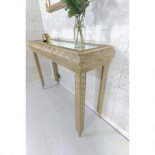 Gold Embossed Metal Mirrored Glass Console Table - Gold - View 5