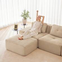 Living Room Sofa Made Of Corduroy, Boneless L-Shaped Sofa With Deep Seat, 3-Seater Modular Sofa With Ottoman, Corner Sofa For Living Rooms And Apartments, Assembly Not Included - Beige - View 5