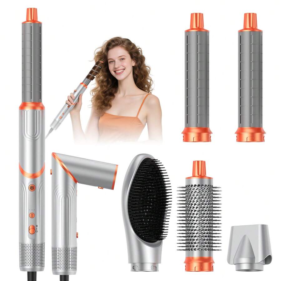 stylefi 5-In-1 Hot Air Hair Styler With Interchangeable Attachments, Curling Iron & Straightening Brush For Home Styling - Silver - View 1
