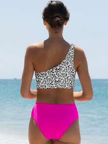 popvil Bộ bikini nữ mùa hè đi biển, gồm áo in họa tiết da báo và quần tam giác khoét lỗ màu trơn. - Nhiều màu - Xem 2