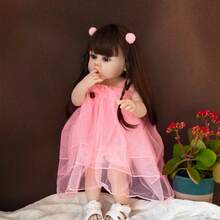 22英寸（约55厘米）逼真重生娃娃，粉色薄纱连衣裙，全乙烯基身体，洗澡玩耍伴侣，角色扮演游戏，生日礼物（包含奶瓶、安抚奶嘴、尿布、出生证明） - 粉色 - 查看 5