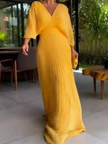 Dresses For Women,Women's Fashionable And Elegant Solid Color Pleated V-Neck Batwing Sleeve High Waist Full Skirt Long Dress - 黃色 - 查看 1