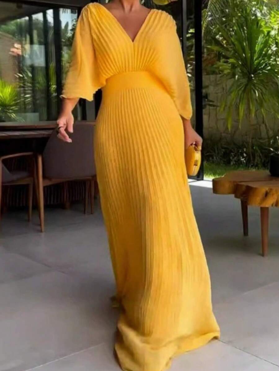 Dresses For Women,Women's Fashionable And Elegant Solid Color Pleated V-Neck Batwing Sleeve High Waist Full Skirt Long Dress - 黃色 - 查看 1