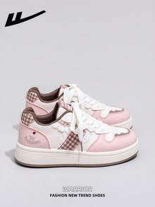 1双 WARRIOR 女士厚底系带软底休闲鞋，低帮户外平底鞋，圆头低跟防滑纯色优雅软底徒步鞋，适合学生、毕业照、平底鞋、低帮皮质运动滑板鞋 - 粉/米 - 查看 6