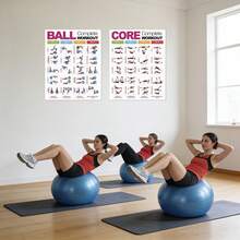 2张运动训练健身挑战海报，无框设计，8x10英寸，2D平面图形，纸质材质，包含挤压球、提臀、基础卷腹、交替手臂伸展、卷腹、手臂、大腿、臀部、腹肌塑形瘦身计划等动作，无框墙面装饰画，适用于客厅、卧室和瑜伽室装饰，每日瑜伽练习海报。