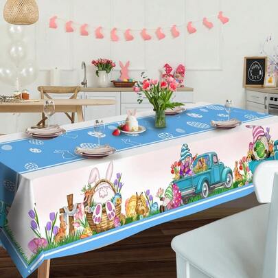 1 pieza Mantel de Pascua con decoración de conejo, huevo y tulipán, adecuado para mesas rectangulares, tela de poliéster con camión azul clásico, ideal para picnics y cenas, decorativo para el hogar, mesas de café, diseño cómodo y minimalista, adecuado para diversas ocasiones y festividades