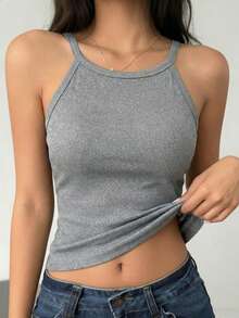 Women's Solid Color Fitted Cropped Camisole - Grey - View 4