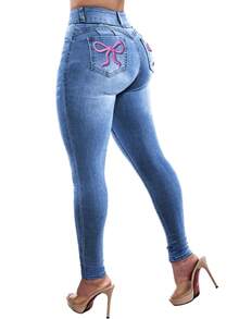 Y2K High-Waisted Slim Fit Jeans With Embroidered Bow & Metal Decor Details, Highlighting Feminine Charm, Versatile For All Seasons Casual - Medium Blue - View 3