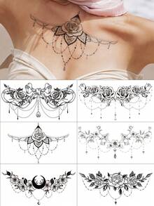 黑色大号胸部临时纹身贴纸，浪漫情人节玫瑰/野玫瑰/蝴蝶结/新月/流苏维多利亚复古风格性感临时纹身贴纸，适用于胸部、腹部和背部，DIY嘉年华/情人节/派对/节日礼物，防水逼真身体纹身贴纸，1包 - 黑色 - 查看 1
