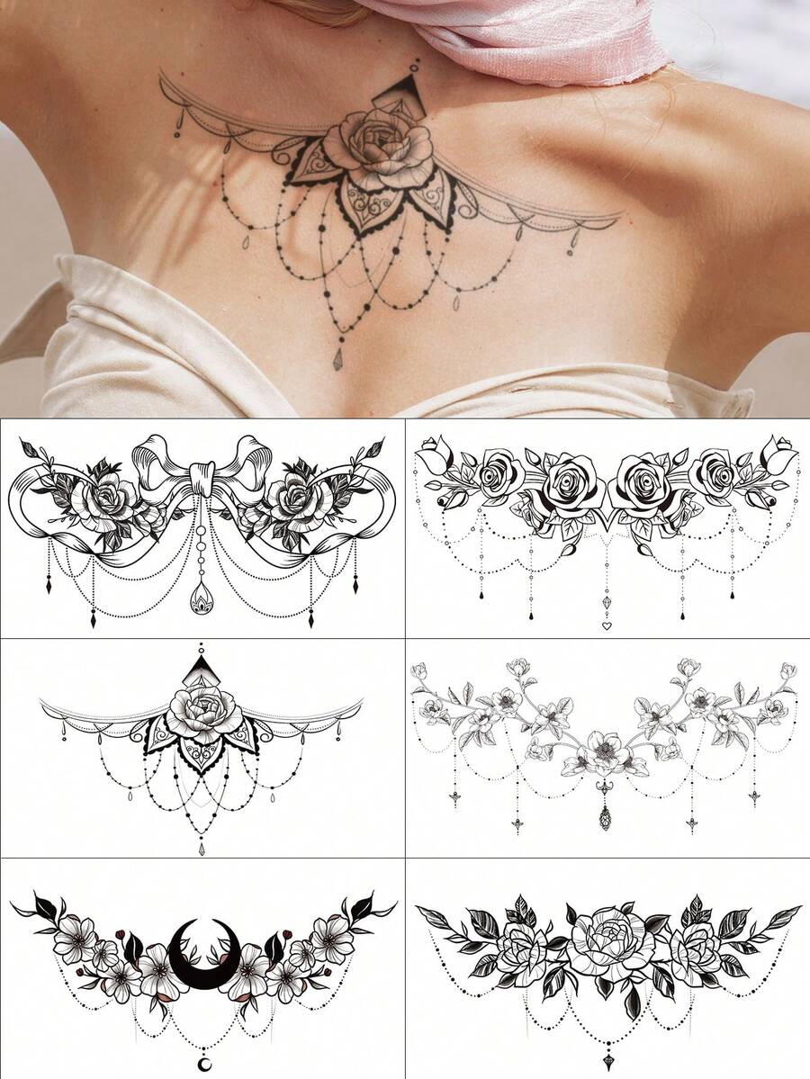 黑色大号胸部临时纹身贴纸，浪漫情人节玫瑰/野玫瑰/蝴蝶结/新月/流苏维多利亚复古风格性感临时纹身贴纸，适用于胸部、腹部和背部，DIY嘉年华/情人节/派对/节日礼物，防水逼真身体纹身贴纸，1包 - 黑色 - 查看 1