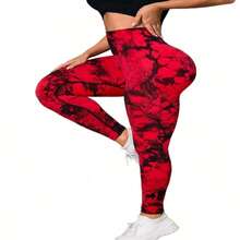 Plus Size Women's Silky Seamless Quick-Drying Sports Leggings With Compression & Stretch Tech, Skin-Friendly Fabric, Ideal For Gym Workouts, Yoga, Or Daily Wear, 2-Pack (Black & Red Marble Print) - 黑色+紅色 - 查看 6