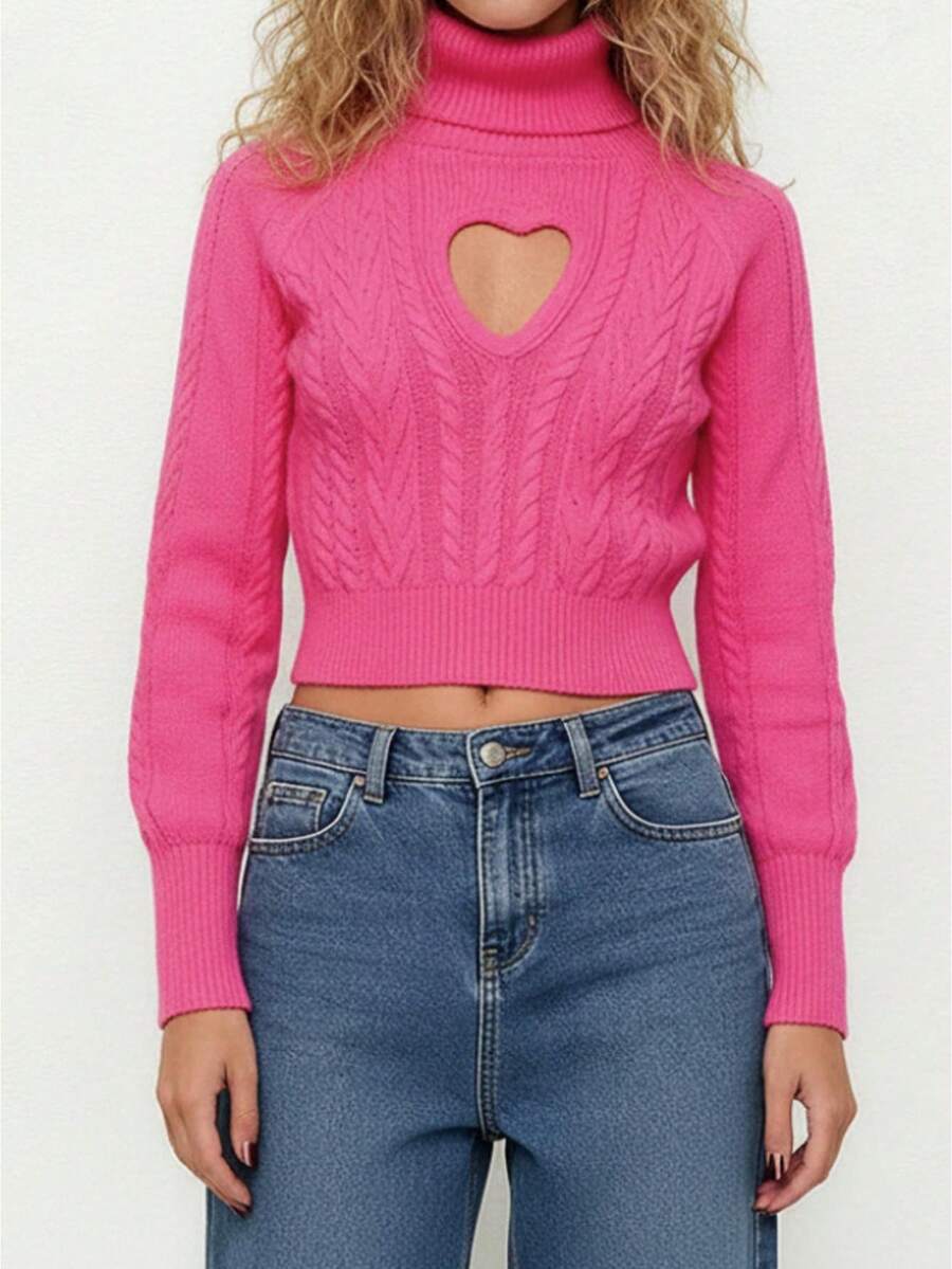 Women's Valentine's Day Knit Sweater Long Sleeve High Neck Hollow Heart Knitwear Tops - 玫瑰紅 - 查看 1