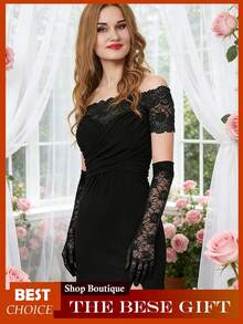 1Pair Black Lace Gloves, Elegant Tea Party Gloves, Women's Long Lace Mittens Gloves, Bridal Wedding Hand Decoration, Suitable Bachelorette Party And Wedding Decorative Gloves - 黑色 - 查看 2