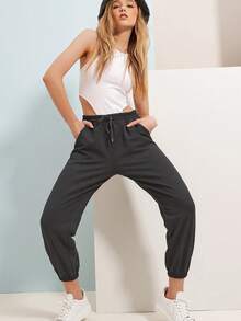 Women's Casual 3/4 Jogger Pants With Drawstring And Pockets, Medium Stretch Fabric - Dark Grey - View 3