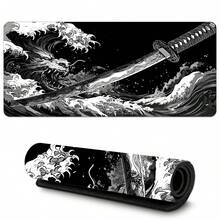 1个黑色波浪和日本武士刀图案鼠标垫，黑白配色，大号桌面垫，缝边设计，防滑橡胶底座，适合家庭办公室使用，多种尺寸可选，可作为送给男朋友/女朋友的礼物 - 彩色 - 查看 2