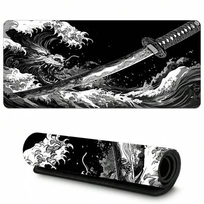 1 pieza Alfombrilla de ratón con diseño de ola negra y espada samurái japonesa, en color negro y blanco, tapete de escritorio grande, con borde cosido, base de goma antideslizante, adecuado para el hogar y la oficina, con opciones de tamaño, regalo para novio/novia