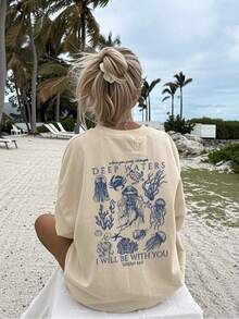 Women's Summer T-Shirt With Marine Life Print, Casual Holiday Style, Versatile, Round Neck, Short Sleeves, Fashionable Summer Colors - tắt - Xem 5