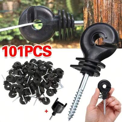 101pcs Black Plastic Screw-In Ring Insulators For Electric Fences & Wooden Posts - Includes Drill Spinner, Secure Wire Connections For Pastures & Farms
