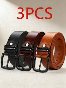 3pcs Women&Men's Black Square Metal Buckle Neutral PU Leather Adjustable Waist Belt, Suitable For Jeans, Pants, Skirts, Casual & Date Wear Fall, Autumn, Halloween - 3pcs (black + Brown + Khaki) - View 1