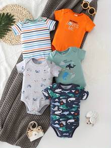 5-Piece Baby Triangle Jumpsuit, Cotton Ocean Whale Print For Boys, Baby Jumpsuit, Wrapped Bundle, Boy's Baby Clothes For Outdoor Use, Daily Home Wear. - 霧霾藍 - 查看 11