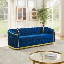 YOGLAD 1pc Luxury Italian Velvet Chesterfield Sofa Set 3+2 Seater, Split Living Room Sofa Couch With Gold Stainless Steel Trim, Button Tufted Curved Arm Velvet Sofa, Modern Light Luxury Upholstered Loveseater + 3-Seater Set With Throw Pillows For Home Living Room Apartment - 藏蓝色 - 查看 6