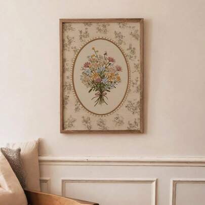 1pc Vintage Floral Art Print, Embroidered Dried Flowers Wall Art, Antique Cottagecore Decor, Vintage Cottagecore Floral Poster Print, Shabby Chic Flower Wall Art, Home Decor Living Room, Wall Decor, No Frame