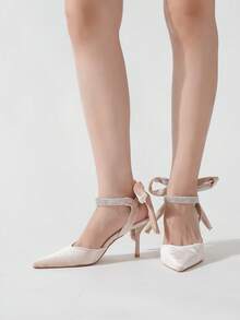 Charming Women's Sexy Bow & Rhinestone Decor Pointed Toe Stilettos Fashionable & Elegant Velvet Design Burgundy High Heels, Suitable For Daily Wear, Weddings, Galas, Vacations Exquisite & Glamorous Fashion Shoes, Ideal For Halloween, Christmas, Autumn, Disco, Evening Parties - Apricot - View 2