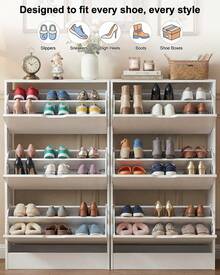 Shoe Cabinet With 3 Flip Drawers, Slim Wooden Shoe Storage Organizer For Entryway, Hallway & Living Room, Space-Saving Hidden Shoe Rack With Adjustable Shelves, Modern Entryway Furniture - 白色 - 查看 4