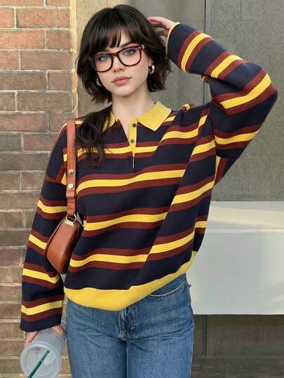  TRAFZA Women's Spring Color Block Striped Knit Pullover, Women's Loose Fit Turtleneck Long Sleeve Sweater, Retro Fashion Top