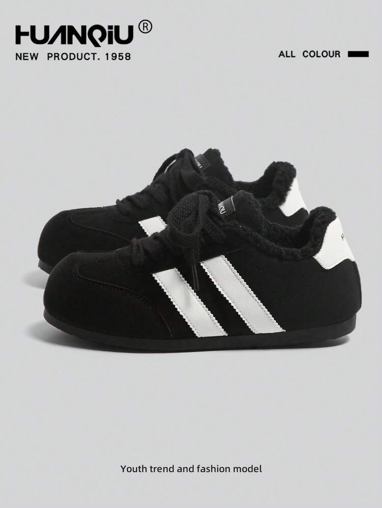 HUANQIU Chinelo de lã com cadarço HUANQ, cor sólida, preto, bico aberto, modelo bolha, novo calçado esportivo casual feminino para o inverno, tênis esportivos de treino com design diferenciado. - Preto - Ver 1