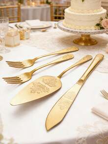 4 Pieces Cake Cutting Set For Wedding, Gold Cake Knife And Server Set, Pizza Spatula And Knife With Forks For Engagements, Anniversaries - Gold - View 1