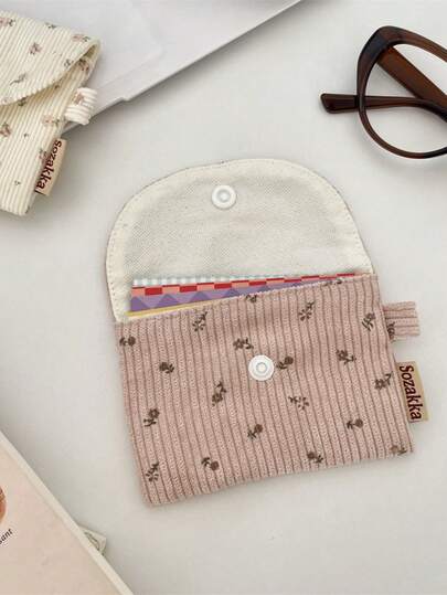 Corduroy Ditsy Floral Coin Purse, Card Holder Wallet, ID Card Holder, Bear Lip Balm Cosmetic Bag, Multi-Function Storage Pouch