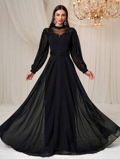 YISIKADO Beaded Women's Elegant Formal Evening Gown, Long Sleeve High Neck, Suitable For Wedding Guest, Bridesmaid, Birthday Party, Graduation Ceremony, Anniversary Celebration, Formal Dinner, Concert, Ceremony