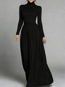 女士纯色高领长袖连衣裙，系腰带，飘逸显瘦复古风，百搭办公连衣裙 - 黑色 - 查看 5