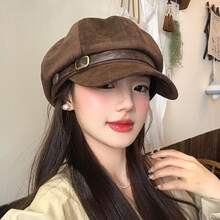 Women's Melard Vintage Suede Beret - Octagonal Trim Small Brim Hat, Melard Color (Rich Version), Autumn Winter Warm, French Style, Suitable For Casual And Formal Wear - màu nâu cà phê - Xem 2