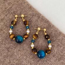 Silver Needle Pearl Tiger Eye Stone Crystal Beaded Water Drop Pendant Earrings Vintage Earrings Studs Niche Design Sense Ear Jewelry - #2 Kim Bạc - Vàng - Xanh - Xem 3