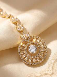 1pc Gold Plated CZ Maang Tikka Headpiece, Sparkling Leaf Vine Head Chain With Circular Sunburst Pendant, Crystal Forehead Head Jewelry For Wedding Bridal Party Festival Accessories - Multicolor - View 5