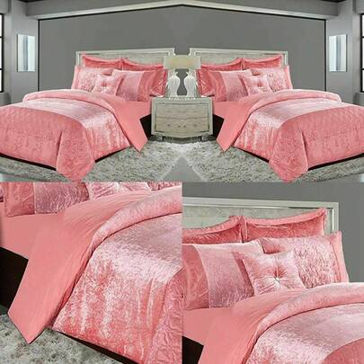 3 Piece Luxury Crushed Velvet Duvet Quilted Cover Bedding Sets With Pillow Case S (Pink King)