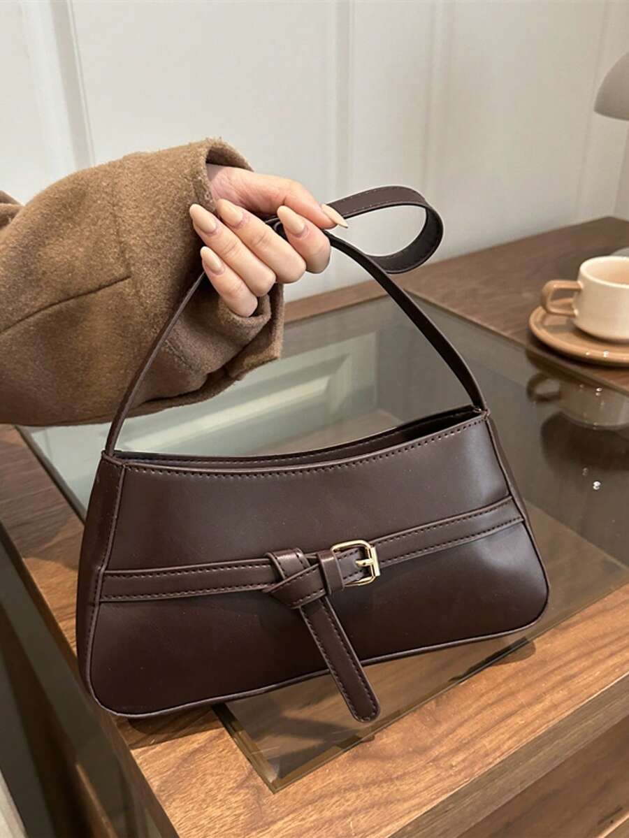 Elegant Strap Design Women's Shoulder Bag, Zipper Closure Minimalist Coffee Crescent Underarm Bag, Suitable For Women On Dates - Coffee - View 1